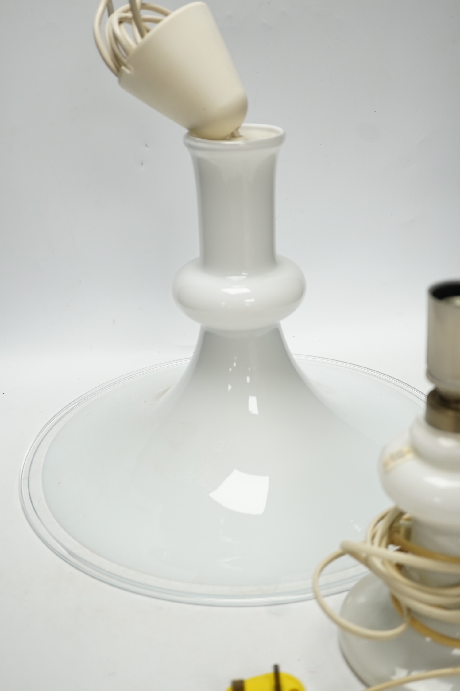 A Holmgaard by Michael Bang opaque white glass pendant ceiling lamp, 40cm diameter, and a Neil Thorssen white glass table lamp